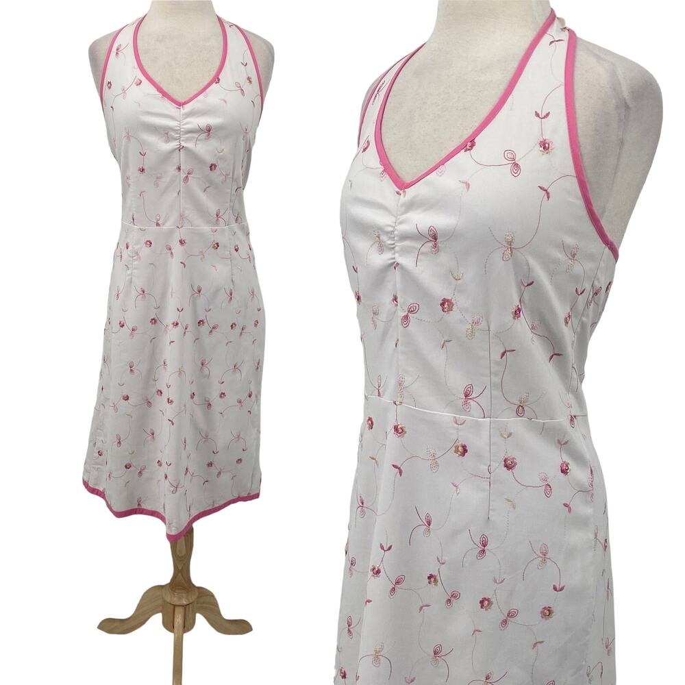 Vintage Y2k Halter Dress Embroidered Floral Fit & Flare Pink Trim White Womens S